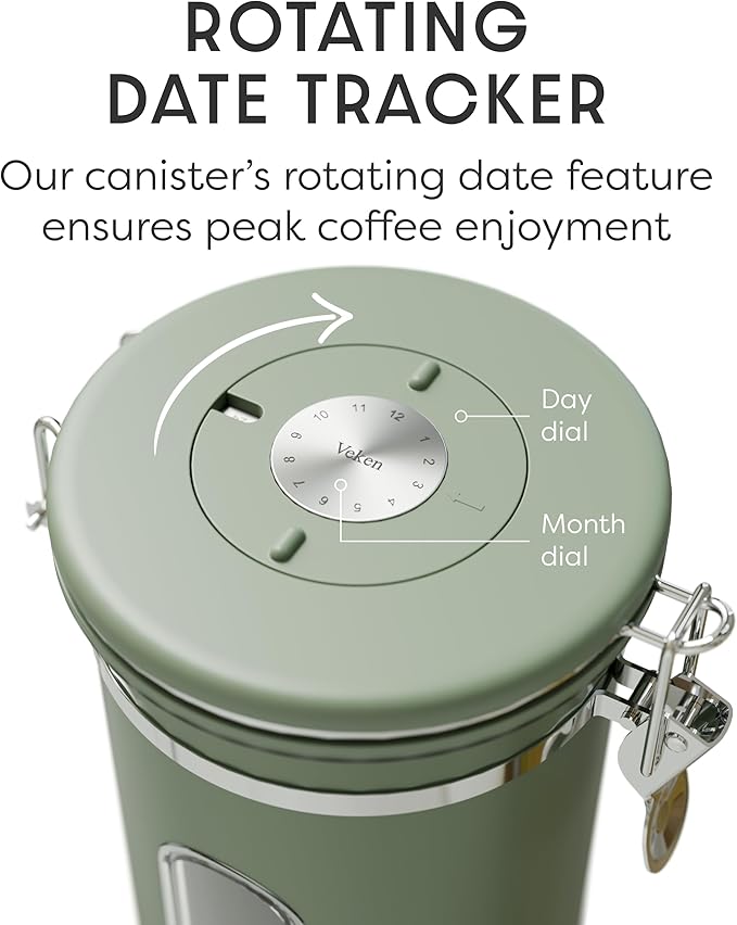 Veken Coffee Canister with Window, Airtight Stainless Steel Kitchen Food Storage Container with Lids, Date Tracker and Scoop for Grounds Coffee, Beans, Tea, Flour, Cereal, Sugar Jars, 22OZ, Green