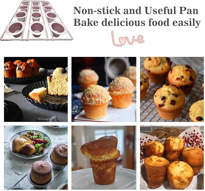 12-Cavity Popover Pan Non-Stick Yorkshire Muffin Puddings Cake Quiches Cupcake Mold Bakeware for Oven Baking (Champagne Gold)