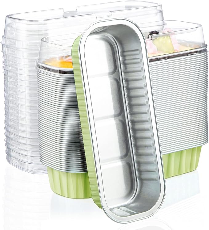EUSOAR Foil Ramekins with Lids, 50pcs 6.8oz 6.5"x2.5"x1.2" Disposable Aluminum Baking Cups Mini Cake Pans with Lids, Rectangle Cupcake Containers Wrappers，Dessert Cheesecake Creme Brulee Pan