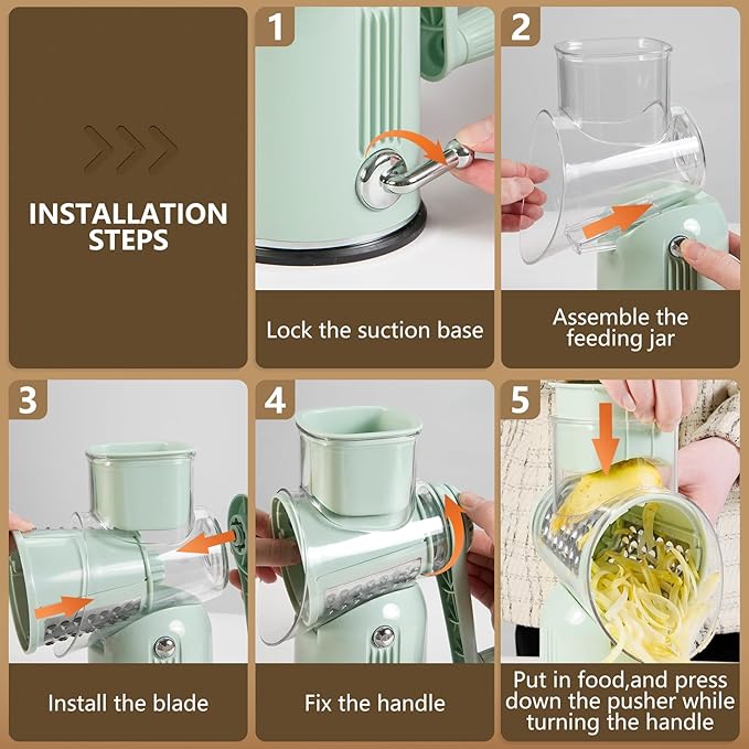 Rotary Cheese Grater with Handle Vegetable Shredder with 5 Interchangeable Blades, Kitchen Food Slicer and Chopper with Strong Suction Base for Fruit Vegetables Nuts with Blade Storage Box (Green)