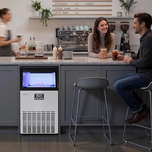 VEVOR Commercial Ice Maker Machine, 130 lbs/24h with 26 lbs Storage Capacity, Moon-Shaped Ice，Built-in/Freestanding/Under Counter, Ice Maker with LED Display & Self-Cleaning, for Home Bar Restaurant