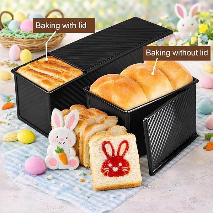 Family-Size Bread Pan and Large Muffin Pan Set of 4, Black Pullman Loaf Pans (2.2lb & 1lb) with Lids, Jumbo Muffin Pans with 50Pcs Liners, Non-Stick for Large Gatherings & Small Batch Baking