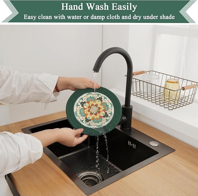 SHACOS 8 Inches Trivets for Hot Dishes, 4 Pieces Cotton and Felt Floral Trivets Mats for Kitchen, Hot Pads for Countertops and Table, Heat-Resistant Pot Holders for Hot Pots and Pans, Dark Green