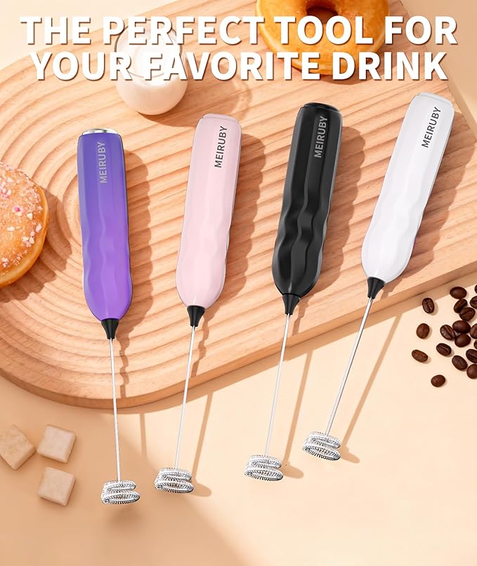 MEIRUBY 2-Pack Milk Frother Handheld with Stand, Valentines Day Gifts for Him and Her, Powerful Electric Coffee Frother, Coffee Lover Gift for Lattes, Cappuccino, Matcha & Hot Chocolate, Black/Pink