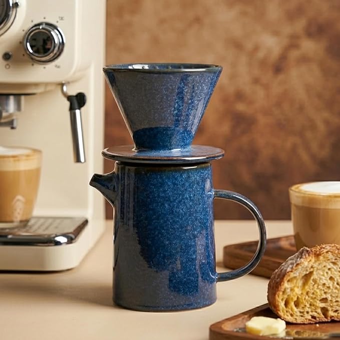 Pour Over Coffee Maker, Ceramic Pour Over Coffee Dripper Set With 20 Count Paper Filters, 16.5oz/500ml Coffee Pour Over (Royal Blue, V02)