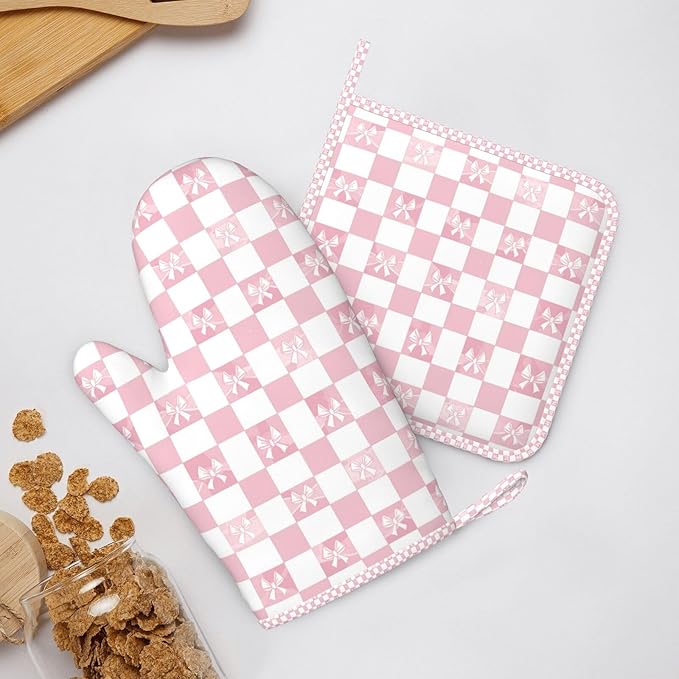 Oven Mitts and Pot Holders Pink Check Bow Pattern Silicone Kitchen Accessories Set of 4 Heat Resistant Long Gloves Potholder Non-Slip Grip for Chef Cooking Baking Grilling BBQ