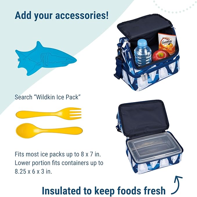 Wildkin Kids Two Compartment Insulated Lunch Bag – Keeps Food Hot or Cold, Easy-Clean Lining, Leak-Resistant & BPA-Free – Boys & Girls, Ideal for School, Travel & Daycare – Sharks