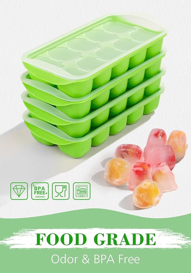 DOQAUS Ice Cube Tray with Lid and Bin - 4 Pack Ice Bucket Kits, Stackable Silicone Ice Trays for Freezer, Easy Pop Out, BPA Free for Cocktail, Coffee, Soup, Food, RV, Kitchen
