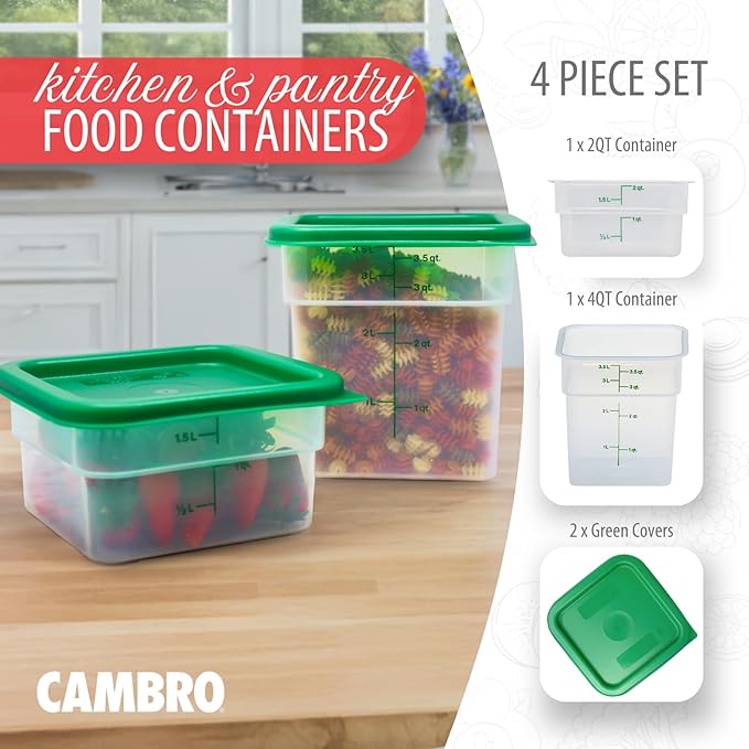 Cambro Food Storage Container with Lid (Microwave Safe and BPA-Free) - 2 Pack - Classic Series Square with Green Lid - 2 and 4 QT (Quart) - Commercial Grade for Food Prep (Translucent)