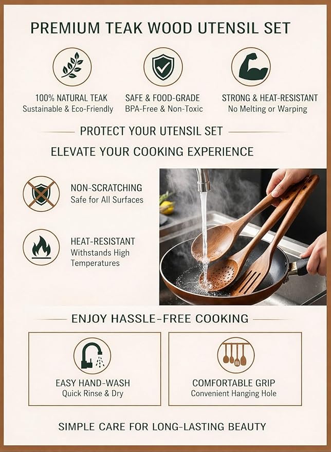 Natural Teak Wood Kitchen Utensil Set - 8 Piece Non-Stick Cooking Spoons & Spatulas, Heat Resistant & Eco-Friendly, Durable Wooden Tools for Nonstick Cookware