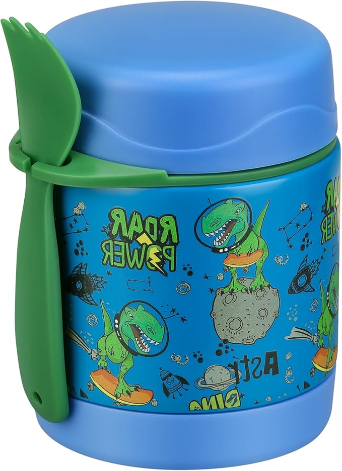Howeemo 10oz Soup Thermo for Hot Food Kids,Lunch Thermo Kids Food Jar with Spoon Hot Insulated Food Containers,Leak Proof Stainless Steel Wide Mouth Lunch Food Thermo Jar for School(Blue-Dinosaur)