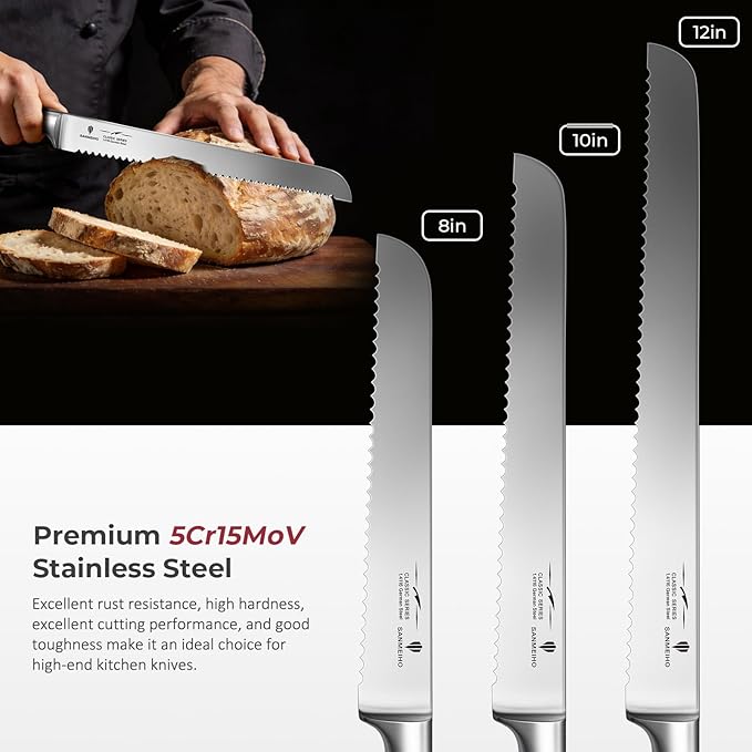 10" Bread Knife - Sourdough Slicing Knife Professional 5Cr15MoV Stainless Steel Serrated Knives, Ergonomic Wood Handle & Full Tang Design, Gift Box Included (Single-Edge