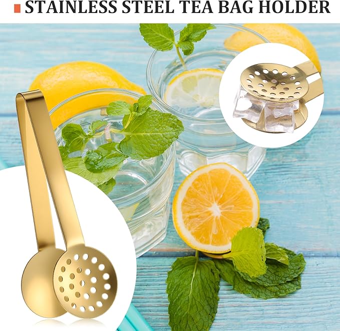 Tea Bag Squeezer, Stainless Steel Tea Tongs, Teabag Filter, Dispenser Accessories for Teas Drinkers, Durable Round Strainer Gripper Picker (Gold)