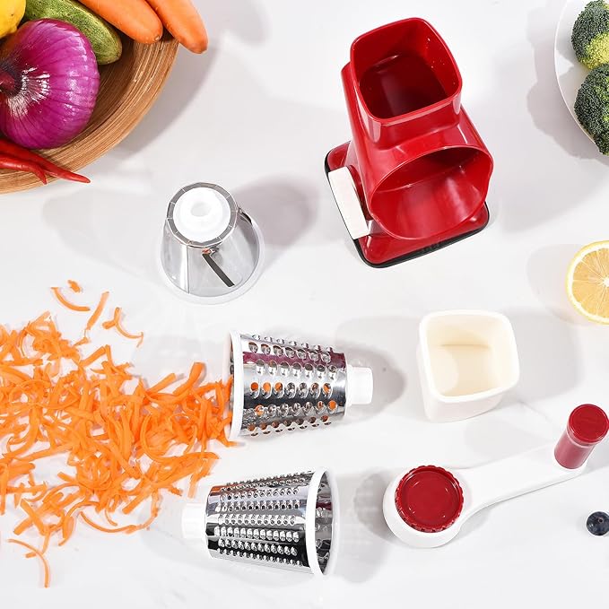 Rotary Cheese Grater with Handle Kitchen Shredder Slicer Grater Slicer Ice Shaver Cheese Vegetable Nuts Potato Zucchini Chocolate 3 Interchangeable Blades (RedWhite)