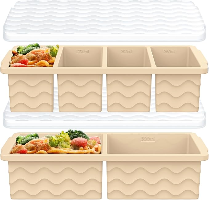 Silicone Freezer Molds for Soup with Lid, 1-Cup & 2-Cup Large Ice Cube Trays Food Storage Containers for Meal Prep, Freeze 500mL/250mL/125mL Portions – 2 Pack