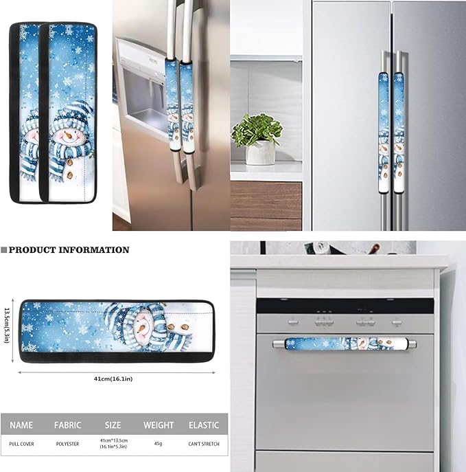 Home Kitchen Decorative Fridge Door Handle Covers Set of 6, Non Slip Kitchen Appliance Decoration for Fridge Dishwashers Microwave Christmas Snowman Blue