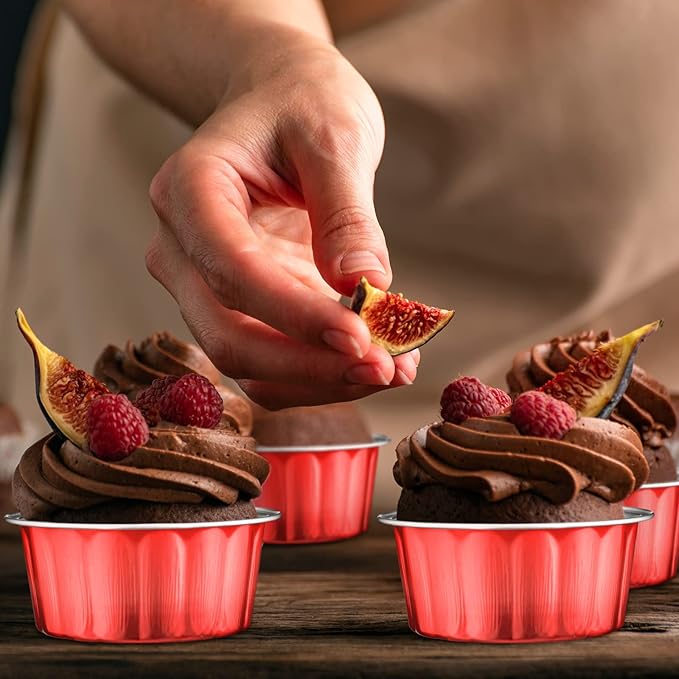 Tessco for you 100 Pcs Disposable Ramekins with Lids 8 oz Creme Brulee Ramekin Aluminum Foil Cup Cupcake Liner Baking Valentines Disposable Muffin Tin Pan Cheesecake Container (Red,Silver)