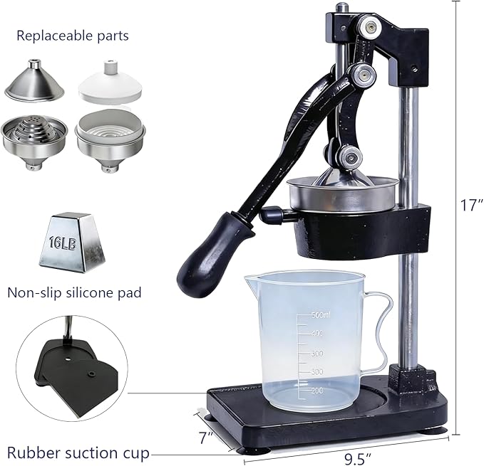 Manual Cast Iron Citrus Juicer Countertop Dual material replaceable accessories - Heavy Duty Hand Press Squeezer for Fresh Orange Lemon Juice, Commercial & Home Use, Easy to Clean, Black
