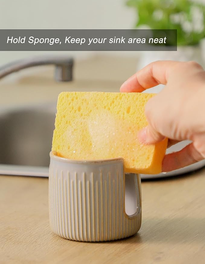 Ceramic Sponge Holder for Kitchen Sink, Scrub Sponge Dish Rack, Farmhouse Compact Sink Caddy Organizer, Vintage Grey