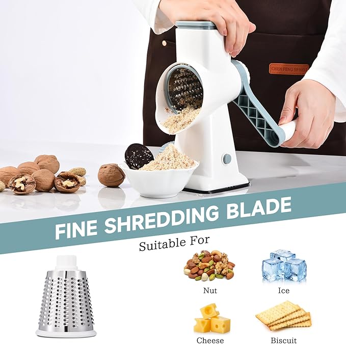 Rotary Cheese Grater with Handle Kitchen Shredder Slicer Grater Slicer Ice Shaver Cheese Vegetable Nuts Potato Zucchini Chocolate 3 Interchangeable Blades (WhiteBlue)
