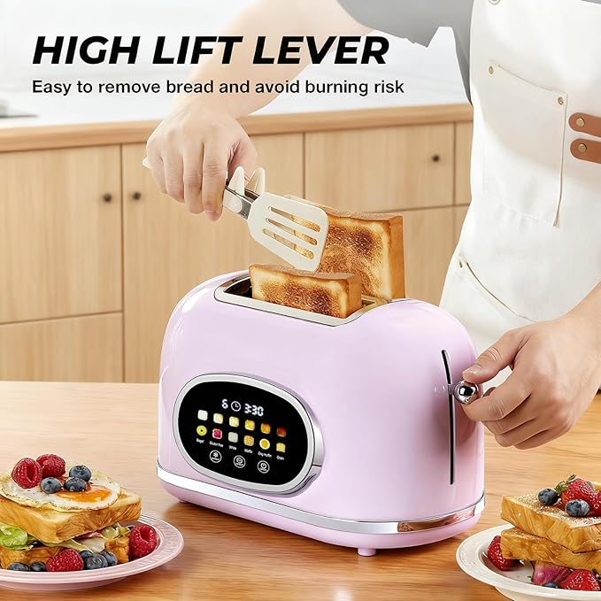 Roter Mond 2 Slice Toaster Smart Touch Screen, Retro Stainless Steel Bread Toaster with Digital Timer, Sleep Mode, Bagel, Cancel, and Defrost Functions, 6 Bread Types and Shade Settings, Light Purple