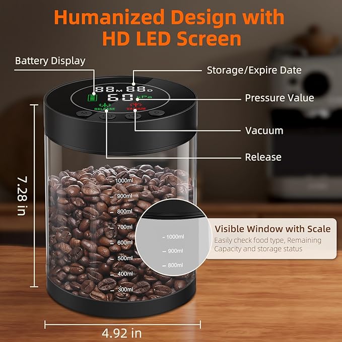 Electric Vacuum Coffee Canister, 1.3L Glass Airtight Food Storage Containers with Smart Pressure Sensor, Automatic Coffee Bean Container Rechargeable with LED Display Window for Kitchen Food Storage