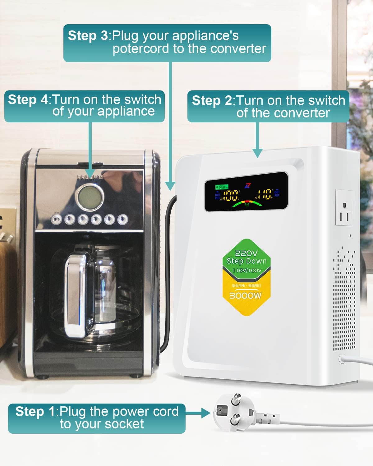 Power Converters 220v to 110v Step Down Transformer Voltage 3000w, No Noise, Ten Protection Functions, Suit for Air Fryer, Coffee Maker,for US Appliance Used in Europe