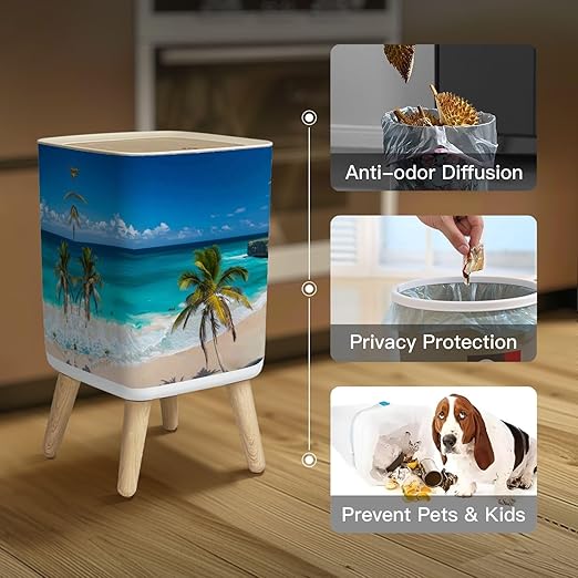 Small Trash Can with Lid Drone Photo Bottom Bay Barbados Wastebasket with Press Cover Dog Proof Garbage Can Waste Bin for Kitchen Bathroom Nursery 2.6 Gallon