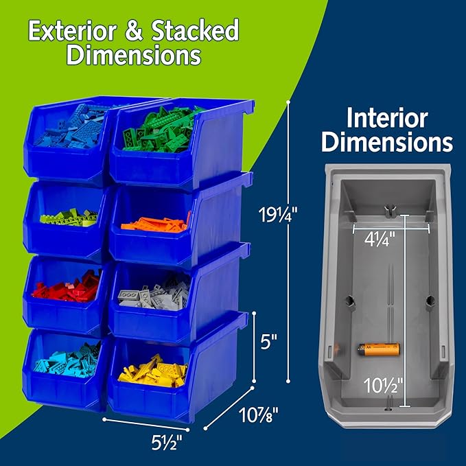 Plastic Containers for Organizing and Storage Bins for Closet, Kitchen, Office, Garage or Pantry Organization, Stackable Bins, Medium (11" x 5" x 5.5"), 8-Pack, Blue
