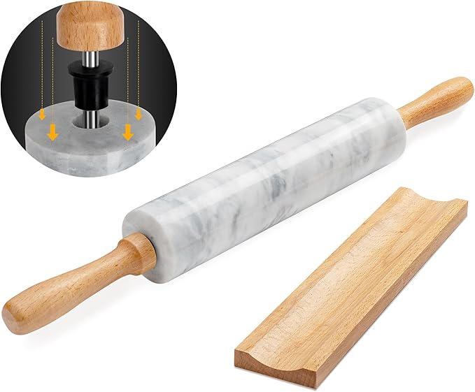 16.7 Inches Marble Rolling Pin for Baking with Wooden Handles & Wooden Cradle - Rolling Pin for making Pizza Dough & Tortillas, Dough Roller for Pasta, Cookie, Pie Crust and More!
