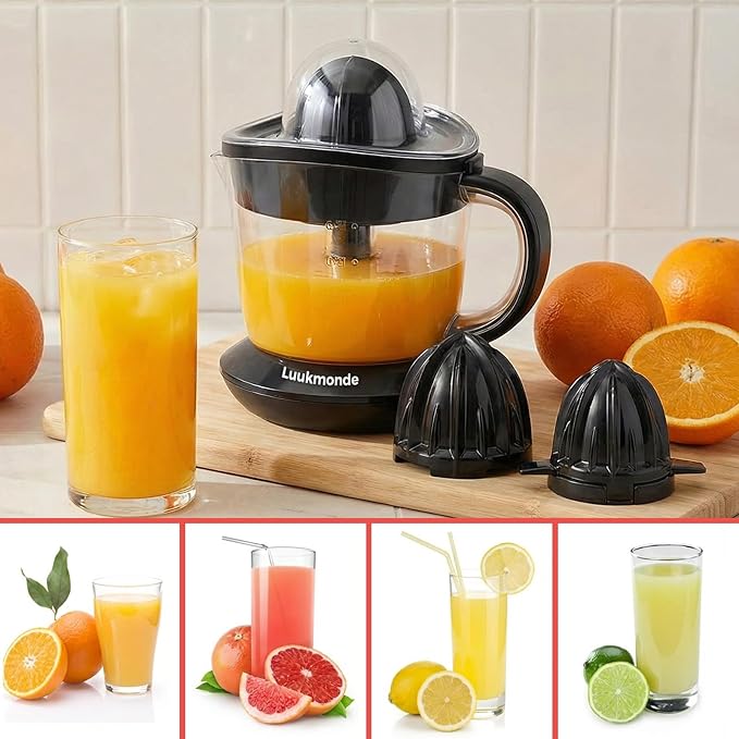 LUUKMONDE Electric Citrus Juicer, 24 oz. Orange Squeezer with 2 Reamers for Lemon & Grapefruit, Pressure Activated Auto-Reversing Juicer Machine, Quiet Motor, Black