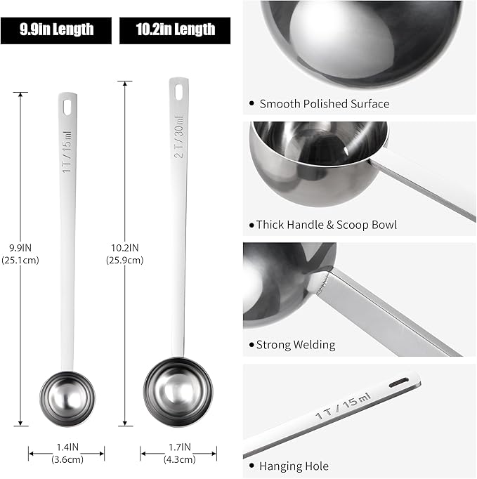 Doosu 18/8 Stainless Steel Food-Grade Measuring Coffee Scoop with 8.5in Long Handle (1 & 2 Tbsp) and 600°F Heat Resistant Silicone Jar Scraper Spatula (Aqua Sky)