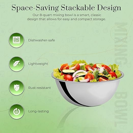 OCS Parts 8 Quart Mixing Bowls | Set of 4 | 13.25-Inch Stainless Steel Professional Grade Flat Base Mixing Bowls for Home and Commercial Kitchens
