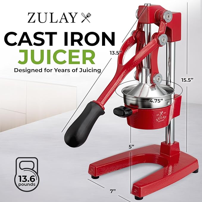 Zulay Kitchen Cast Iron Juicer - Heavy Duty Manual Juicer with Detachable Strainers for Easy Cleaning, Orange Juice Press for Citrus Fruits, Perfect for Bartenders, Juice Lovers & Health Enthusiasts