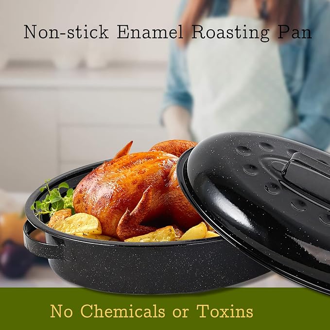 Roasting Pan 11Lb 15.7 inch Oval Enamel Oven Roaster Pan with Lid for Turkey Chicken Cookware PFOA free