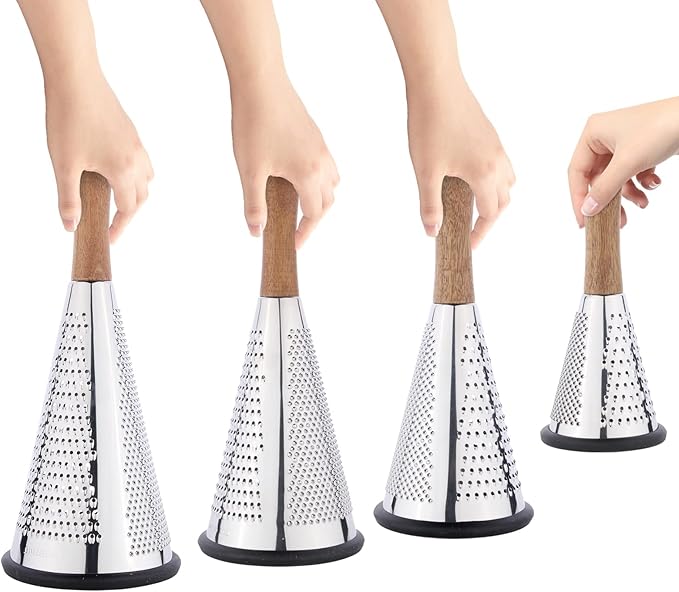 Cone Cheese Grater with Handle Stainless Steel Grater Triple Function Wood Handle Shredder Non-Slip Rubber Bottom Hand Held Multifunction Vegetables Grater Black 4-Size (Size L: 10.6" X 4.7" Black)