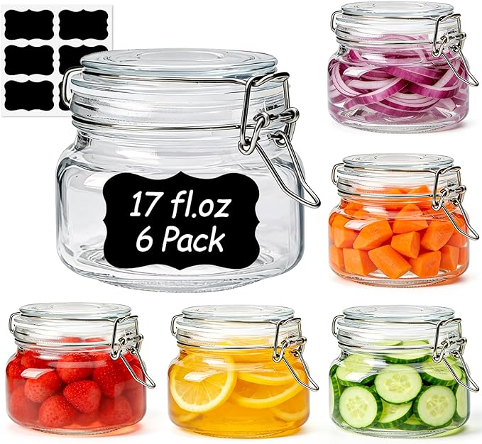 ComSaf Set of 6 Square Glass Jars with Airtight Wire Clamp Lids (17 Oz), Wide Mouth Pantry Canisters for Overnight Oats, Jam, Pickling, Spice Storage, Gifts