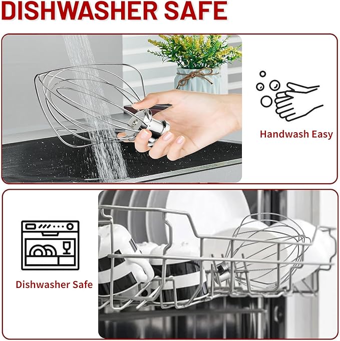 K5A 6 Wire Whip Attachment for KitchenAid 5 6 Quart Bowl Lift Stand Mixer, Dishwasher Safe, 18/8 Stainless Steel, 6 Wire Whip for K4, K5, K5SS, KSM5, KG25, KF26, KP50, KSM6573, Professional 6000