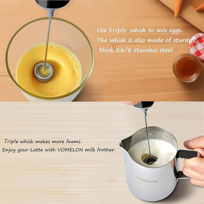 Milk Frother Handheld, Battery Operated Coffee Foamer Drink Mixer with 2 Stainless Steel Electric Whisks for Coffee, Latte, Cappuccino, Hot Chocolate, Protein，Egg Batteries Included,Black