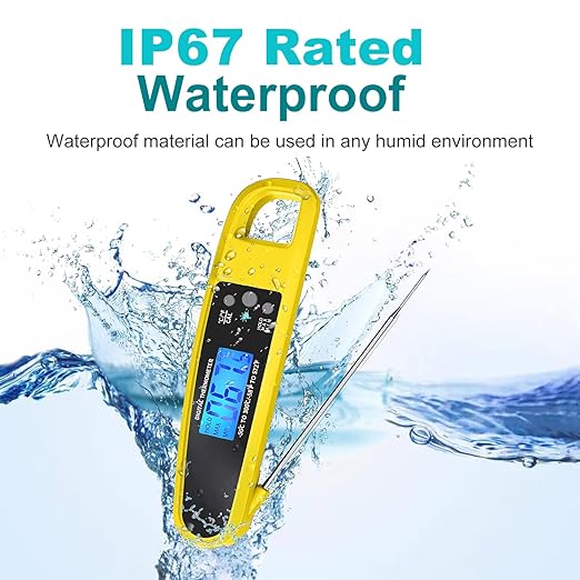 Instant Read Meat Thermometer for Kitchen Cooking, Ultra Fast Precise Waterproof Digital with Backlight, Magnet and Foldable Probe for Food,Deep Fry, Outdoor BBQ, Grill(Yellow)