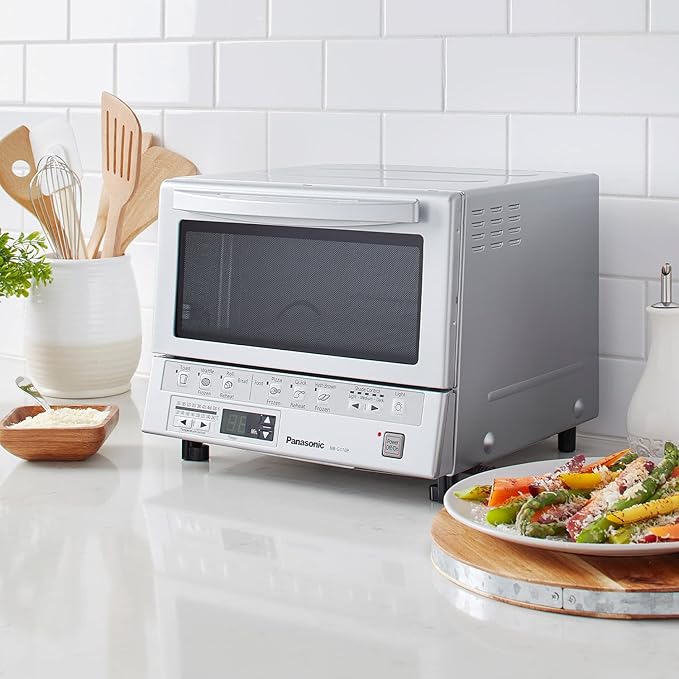 Panasonic FlashXpress Toaster Oven Countertop, 4-Slice Small Toaster Oven Compact Size with Double Infrared Heating, 6 Auto Cook Options and Precise Temperature Control, 1300W - NB-G110P (Silver)