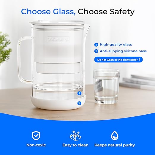 Waterdrop PT-09W 10-Cup Large Glass Water Filter Pitcher, Eco-Friendly, NSF/ANSI 53, 42 & 372 Certified Filter, Reduces PFOA/PFOS, Chlorine, Cadmium, Copper & Mercury, BPA-Free, Easy to Clean, White