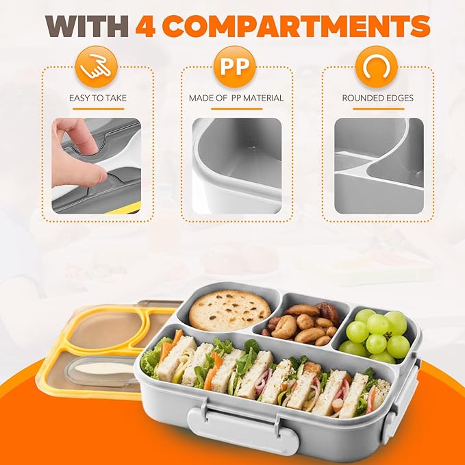 EASYFUN Bento Box Adult, Lunch Box, 4-Compartment Lunch Containers, Drop-Proof, Dishwasher Safe & Made with BPA-Free Materials (Grey)