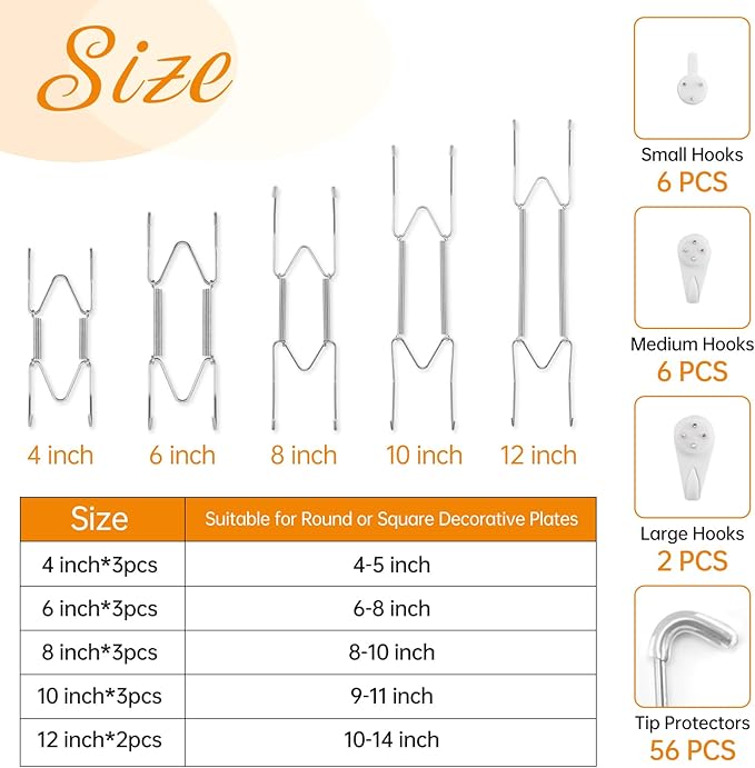 Bilillo 14 pcs Plate Hangers for The Wall, 4/6/8/10/12 Inch Invisible Plates Hangers, Stainless Steel Plate Wall Holders for Display Various Sizes with Hooks for Decorative Silver
