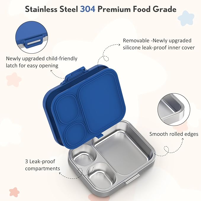 Howeemo Stainless Steel Bento Box Kids, Leak Proof Metal Bento Lunch Box,3 Compartments 304 Stainless Steel Bento Lunch Containers for School and Office, BPA-Free(Blue)