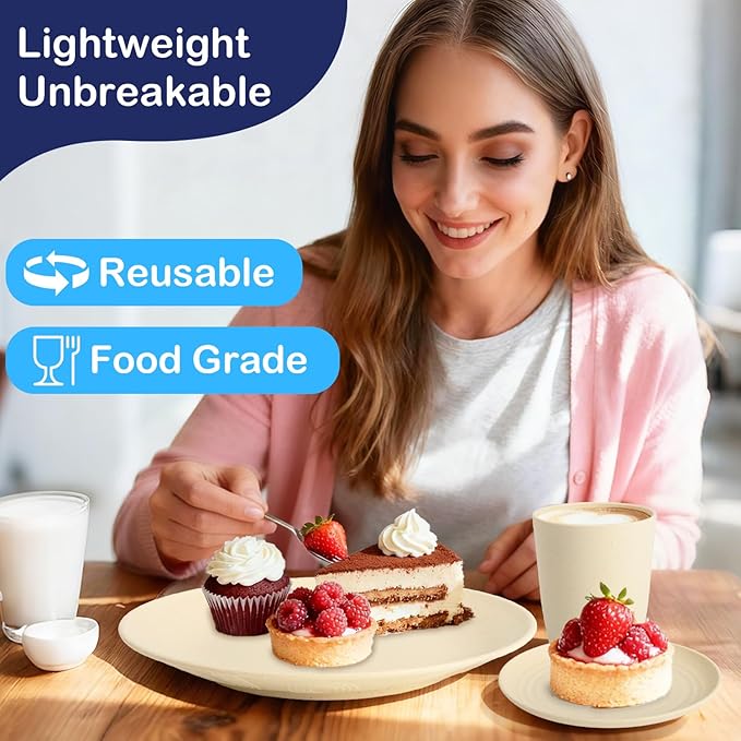 Dinnerware Sets 40 PCS Wheat Straw Plates and Bowls Sets With Cups Service for 8 Microwave Safe Dishes for Kitchen Lightweight Dish Set for RV Outdoor Activities Travel - Beige Colors