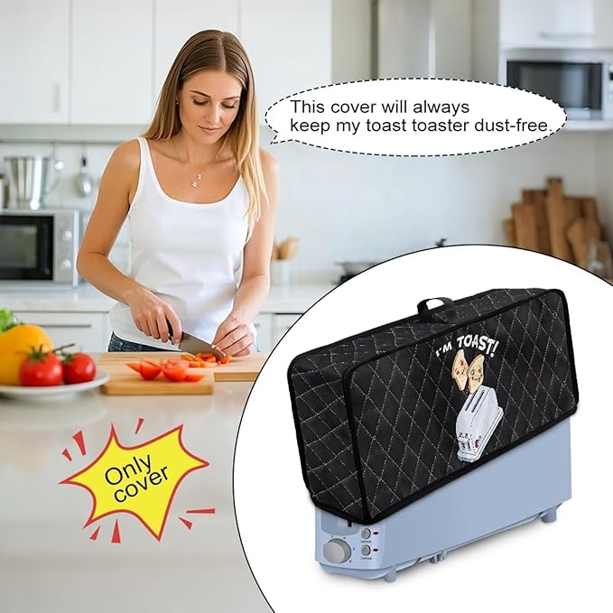 Toaster Cover 2 Slice Black I'm TOAST Design Toaster Covers 2 Slice Long Slot Slim Dust Cover, Machine Washable Thin Small Appliance Covers for Kitchen