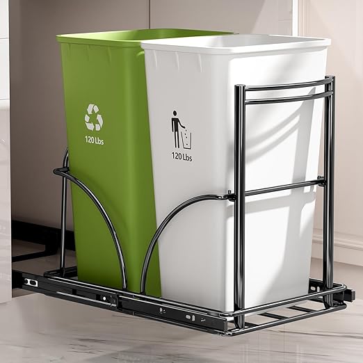 Dual Trash Can Pull Out Under Kitchen Sink Counter, NO CAN, Slider for Double 35Qt Bins(7-9 Gal), Recycling Bin & Garbage Can Pullout Kit, Quiet Close Sturdy Shelf, Requires Cabinet ≥16"W*17"H*23"D