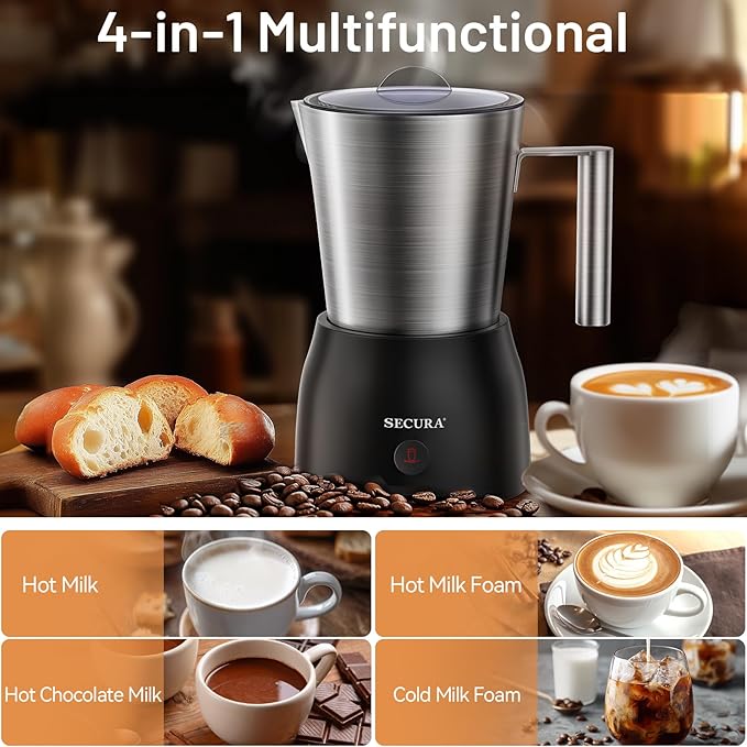 Secura 17oz Electric Milk Frother and Steamer, Stainless Steel Detachable Milk Jug, 4-in-1 Hot & Cold Foam Maker for Latte, Cappuccino & Hot Chocolate, BPA & Teflon-Free, Dishwasher Safe