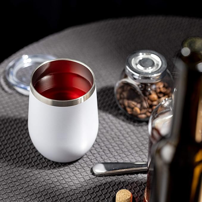 COMOOO 12oz Wine Tumbler with Lid and Straw, Stainless Steel Stemlss Wine Glass, Double Wall Vacuum Insulated Wine Tumbler Cup for Wine, Cocktails, Champaign, White, 16 Pack